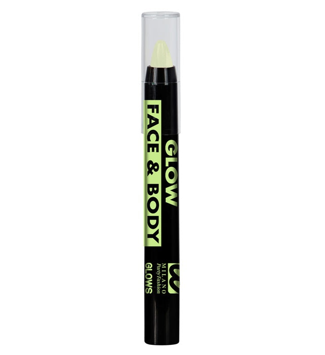 Leuchtende Aqua Schminkstifte mit Glow-in-the-Dark Effekt auf dunklem Hintergrund