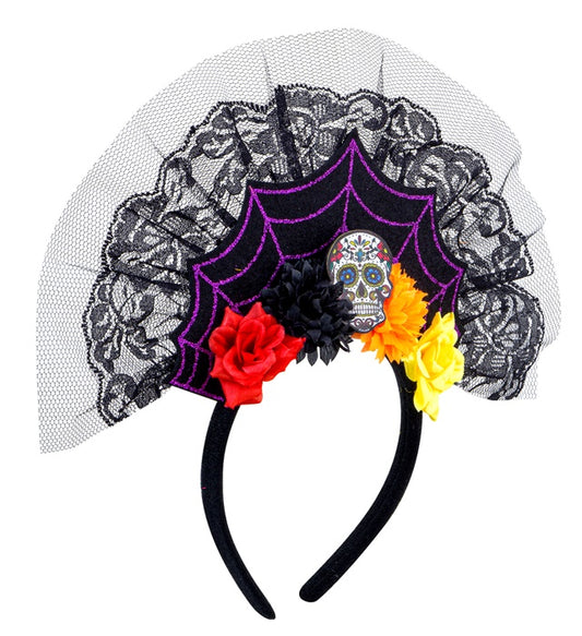 Bunter Día de los Muertos Haarreif mit Blumen und Totenkopf-Motiv