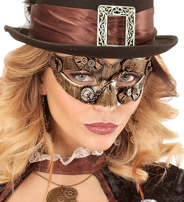 Steampunk Maske mit Zahnrädern und Metalloptik für Fasnacht und Mottoparty