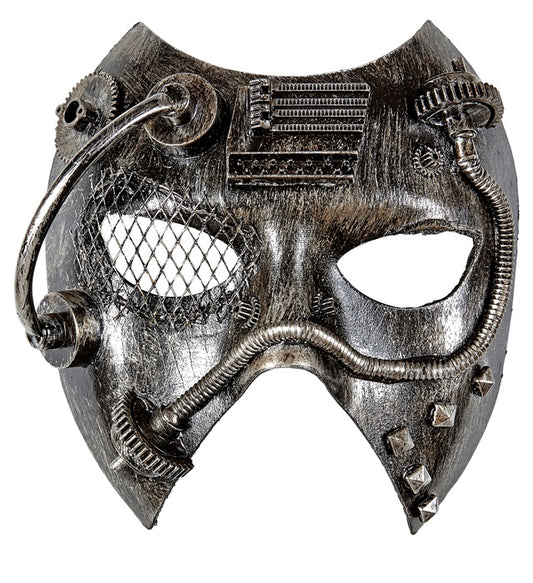 Silberne Steampunk Maske mit detailliertem Design für Fasnacht und Mottopartys