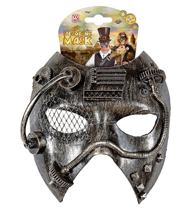 Silberne Steampunk Maske mit detailliertem Design für Fasnacht und Mottopartys