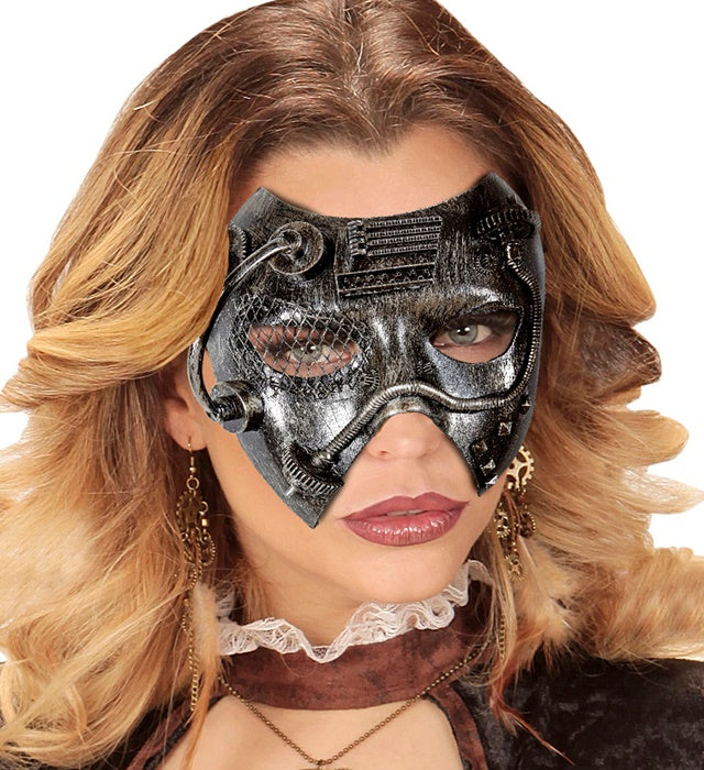 Silberne Steampunk Maske mit detailliertem Design für Fasnacht und Mottopartys