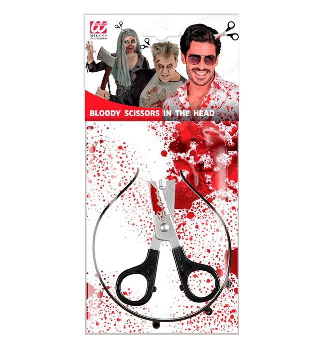 Blutige Schere im Kopf Halloween Kostümaccessoire mit realistischem Bluteffekt