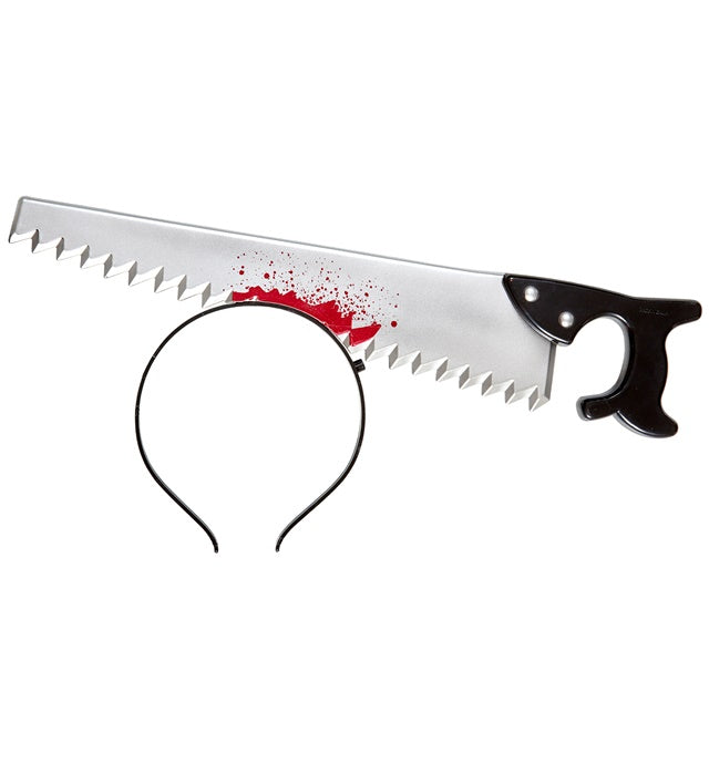 Blutige Säge im Kopf als Halloween Kostümzubehör