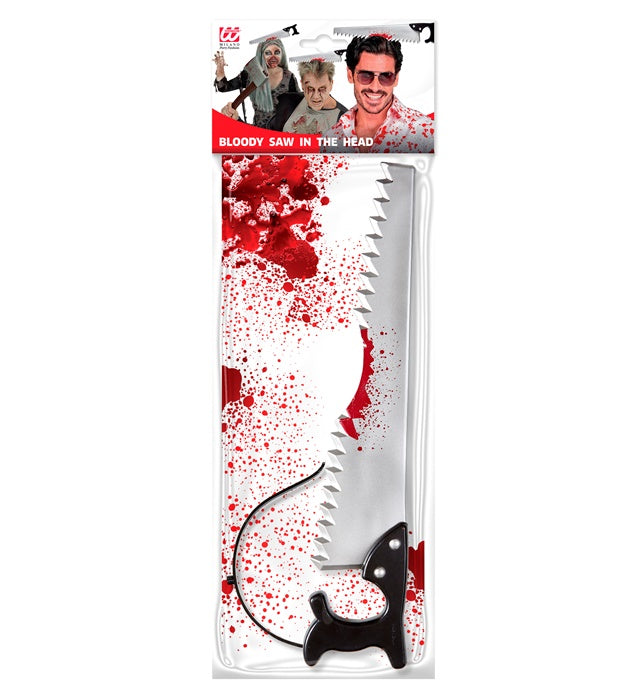 Blutige Säge im Kopf als Halloween Kostümzubehör