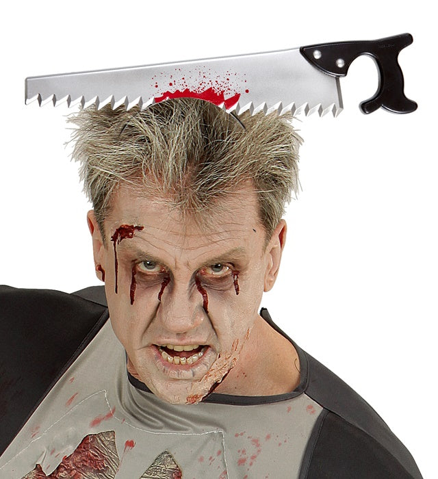 Blutige Säge im Kopf als Halloween Kostümzubehör
