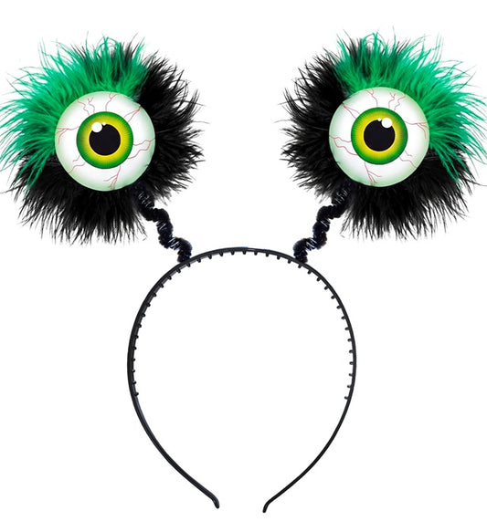 Grüner Haarreif mit auffälligen Federn und witzigen Augen, Fasnacht Accessoire