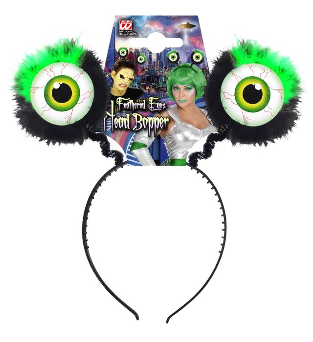 Grüner Haarreif mit auffälligen Federn und witzigen Augen, Fasnacht Accessoire