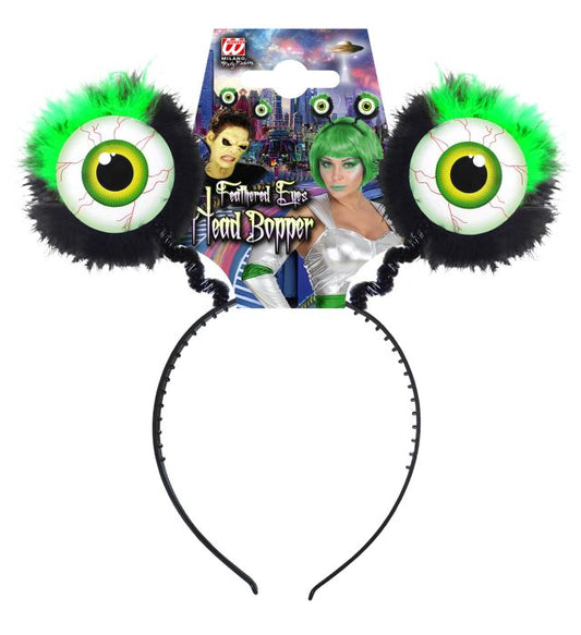 Grüner Haarreif mit auffälligen Federn und witzigen Augen, Fasnacht Accessoire