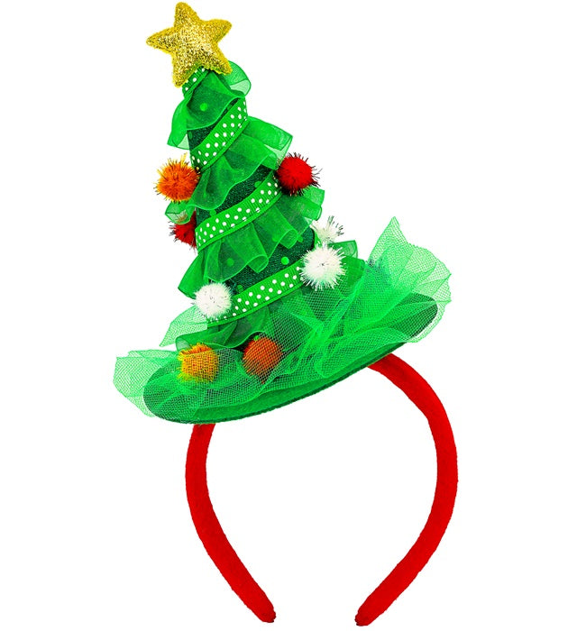 Haarreif mit grünem Weihnachtsbaum und bunten Dekorationen