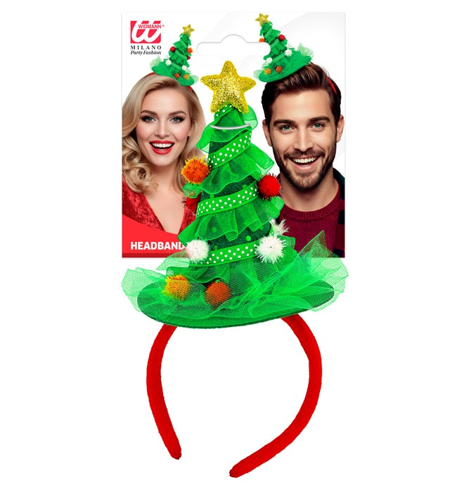 Haarreif mit grünem Weihnachtsbaum und bunten Dekorationen
