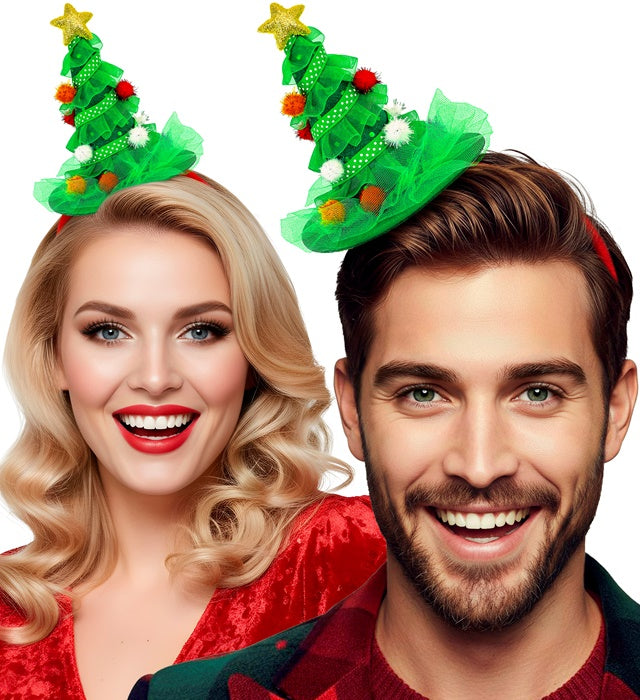 Haarreif mit grünem Weihnachtsbaum und bunten Dekorationen