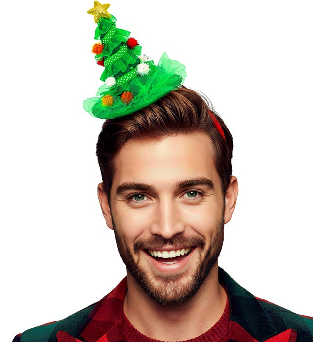 Haarreif mit grünem Weihnachtsbaum und bunten Dekorationen