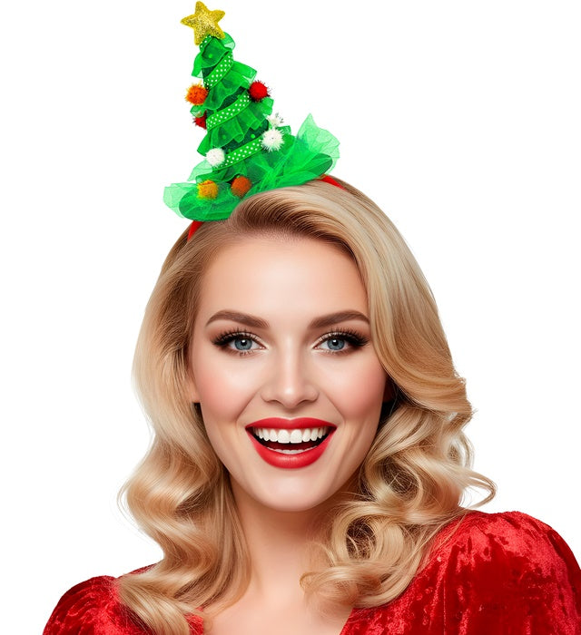 Haarreif mit grünem Weihnachtsbaum und bunten Dekorationen