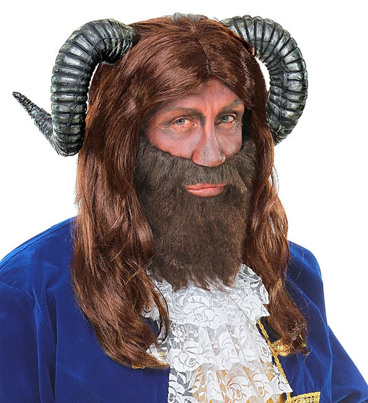 Bestienperücke mit Hörnern in Box – Kostümzubehör für Fasnacht und Halloween