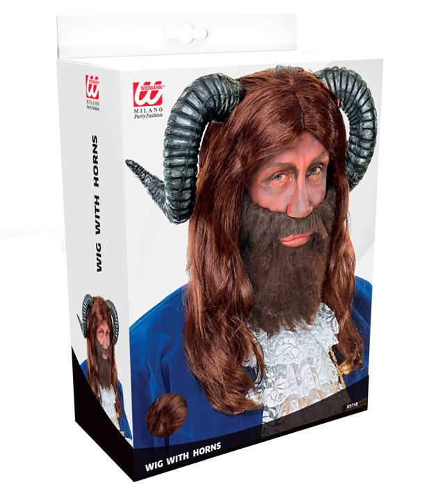 Bestienperücke mit Hörnern in Box – Kostümzubehör für Fasnacht und Halloween