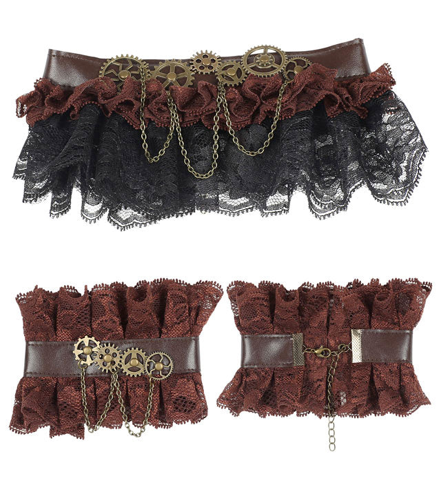 Steampunk Halsband und Manschetten aus schwarzer Spitze auf weißem Hintergrund