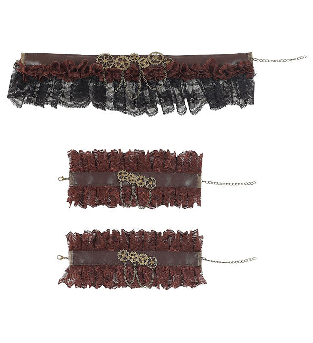 Steampunk Halsband und Manschetten aus schwarzer Spitze auf weißem Hintergrund