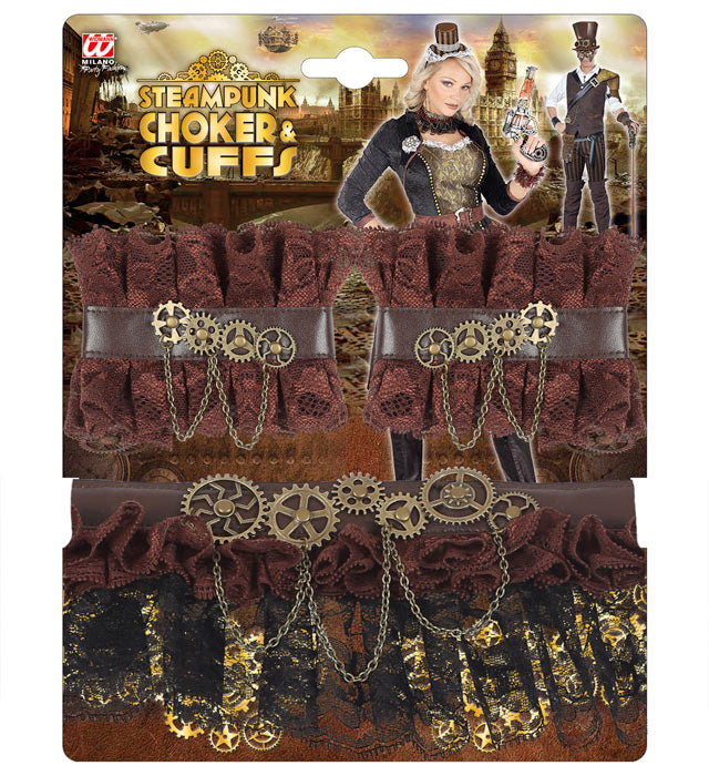 Steampunk Halsband und Manschetten aus schwarzer Spitze auf weißem Hintergrund