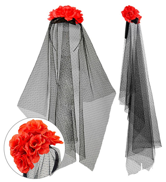Schwarzer Schleier mit roten Rosen als Fasnacht Kostümzubehör