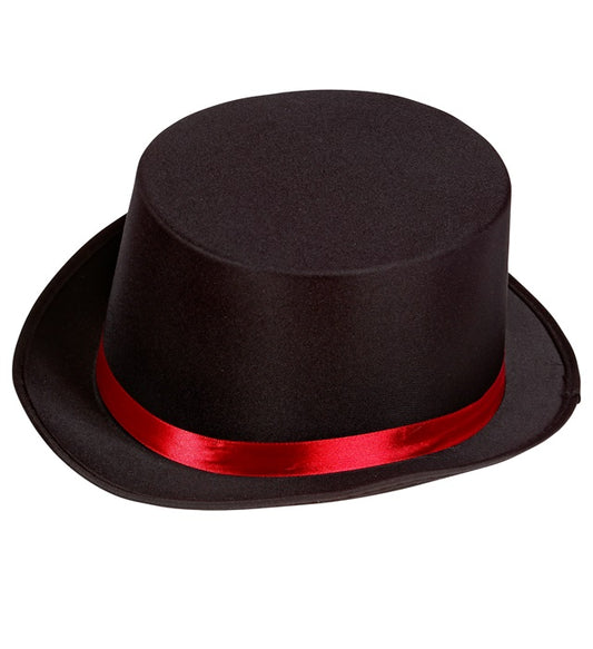 Schwarzer Zylinderhut mit roten Akzenten, 13 cm Höhe, Fasnacht Kostümzubehör