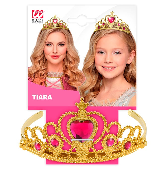 Goldene Tiara mit pinken Edelsteinen für Kinder