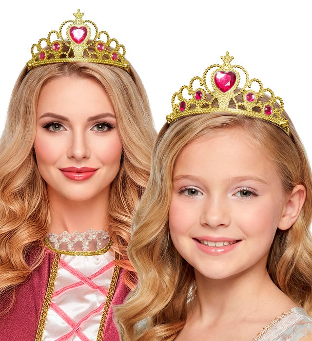 Goldene Tiara mit pinken Edelsteinen für Kinder