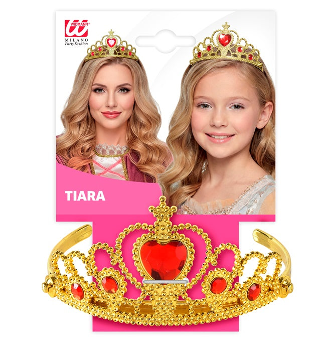 Goldene Tiara mit roten Edelsteinen als festliches Accessoire