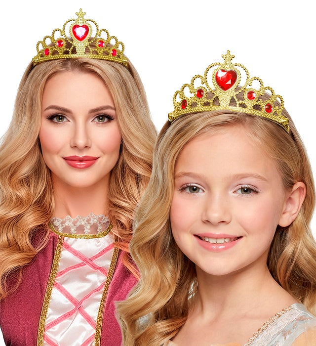 Goldene Tiara mit roten Edelsteinen als festliches Accessoire