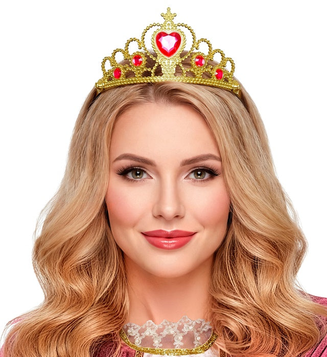 Goldene Tiara mit roten Edelsteinen als festliches Accessoire