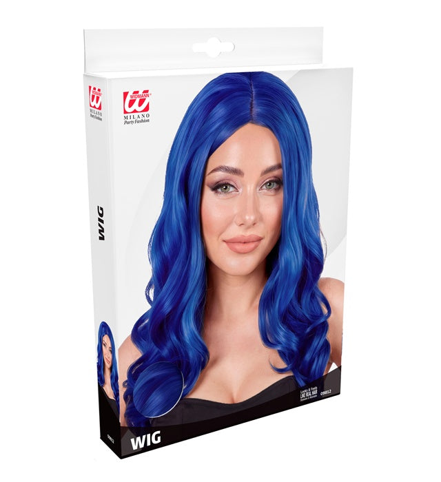 Leuchtend blaue Perücke ROXY in Box für Fasnacht und Karneval