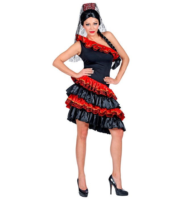 Spanische Senorita Kostüm bestehend aus Kleid und Kopfschmuck mit Schleier