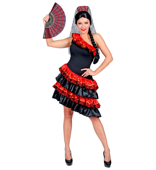 Spanische Senorita Kostüm bestehend aus Kleid und Kopfschmuck mit Schleier