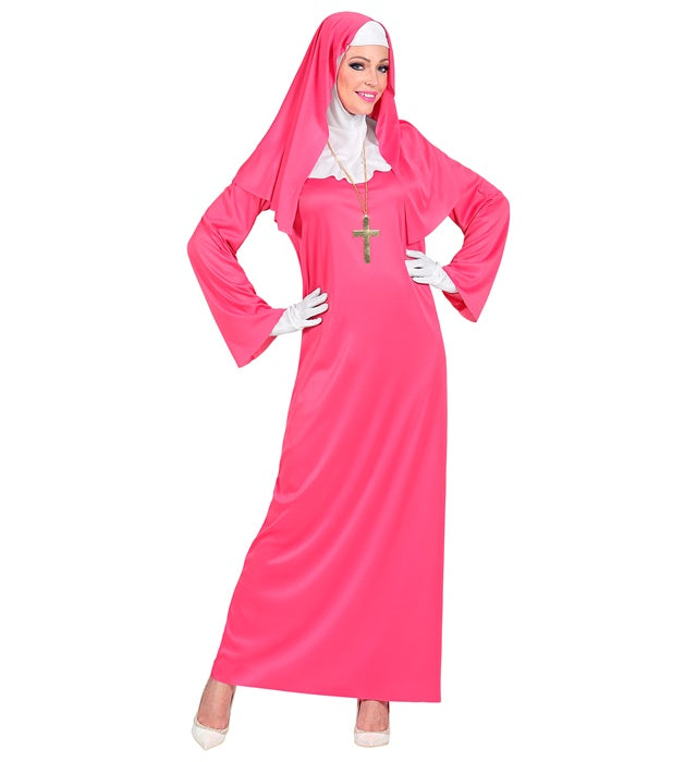 Pinkes Nonnen-Kostüm mit Gewand, Haube und Handschuhen für Fasnacht