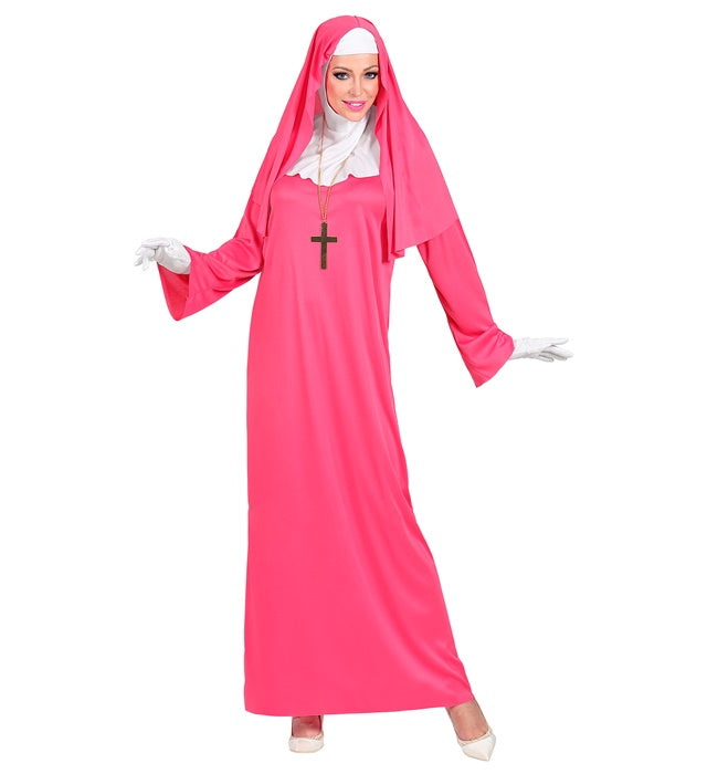 Pinkes Nonnen-Kostüm mit Gewand, Haube und Handschuhen für Fasnacht