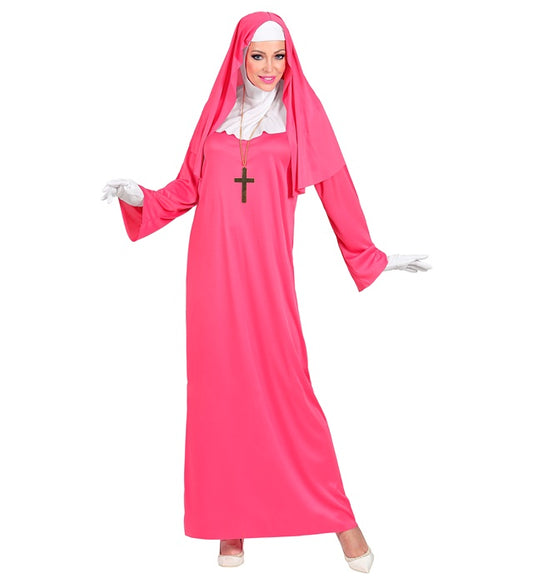 Pinkes Nonnen-Kostüm mit Gewand, Haube und Handschuhen für Fasnacht