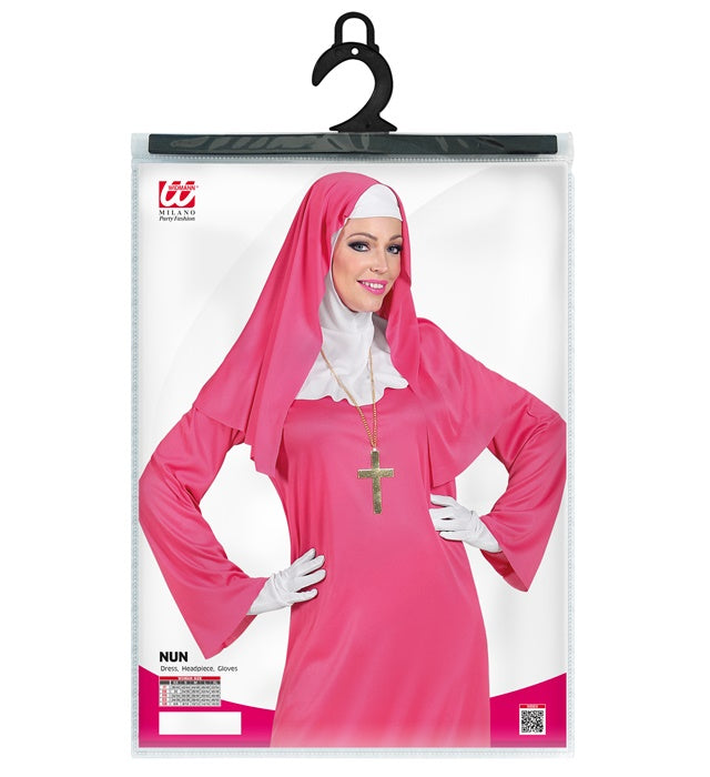 Pinkes Nonnen-Kostüm mit Gewand, Haube und Handschuhen für Fasnacht