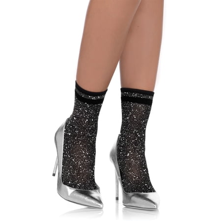 Leg Avenue Lurex Strümpfe Silber Deluxe Schwarze Stay-Up mit Glitzer 1 Paar