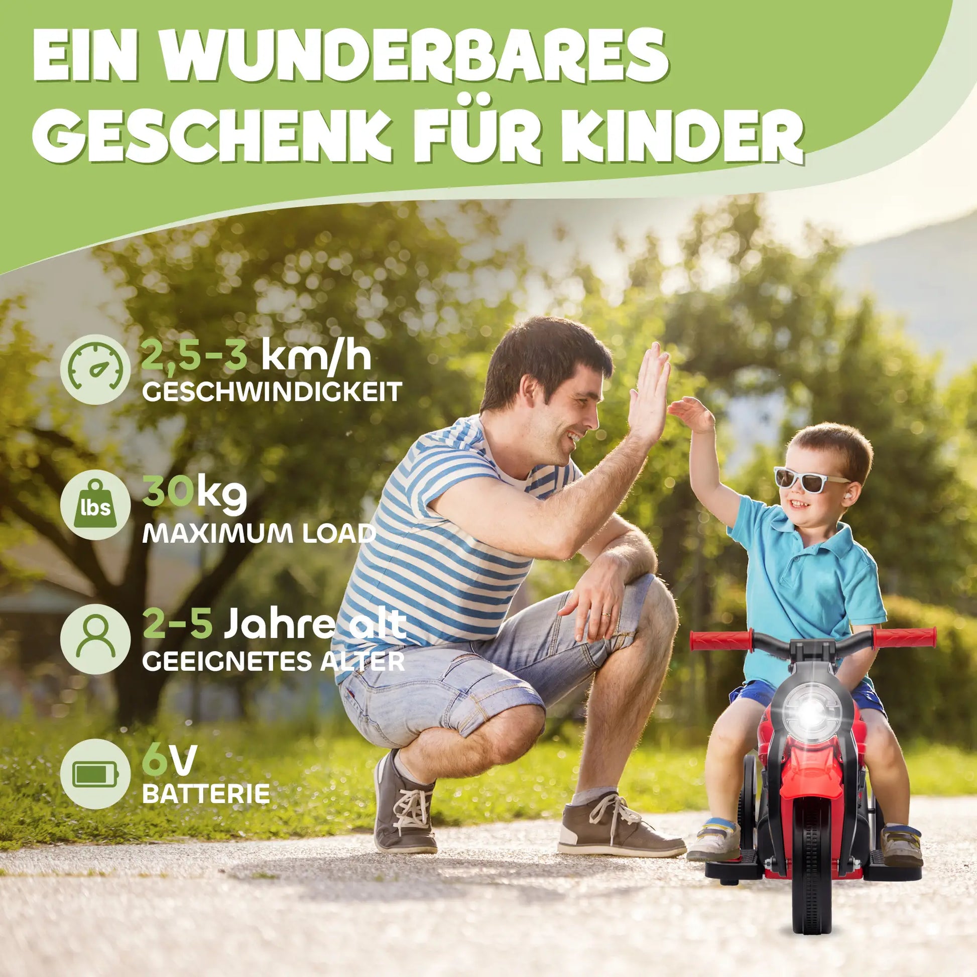 Rotes und schwarzes Kinder-Elektromotorrad mit drei Rädern, Musik und Seifenblasenfunktion