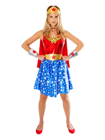 Rubies Wonder Woman Kostüm für Damen mit Kleid, Umhang, Stirnband und Armstulpen – Produktansicht