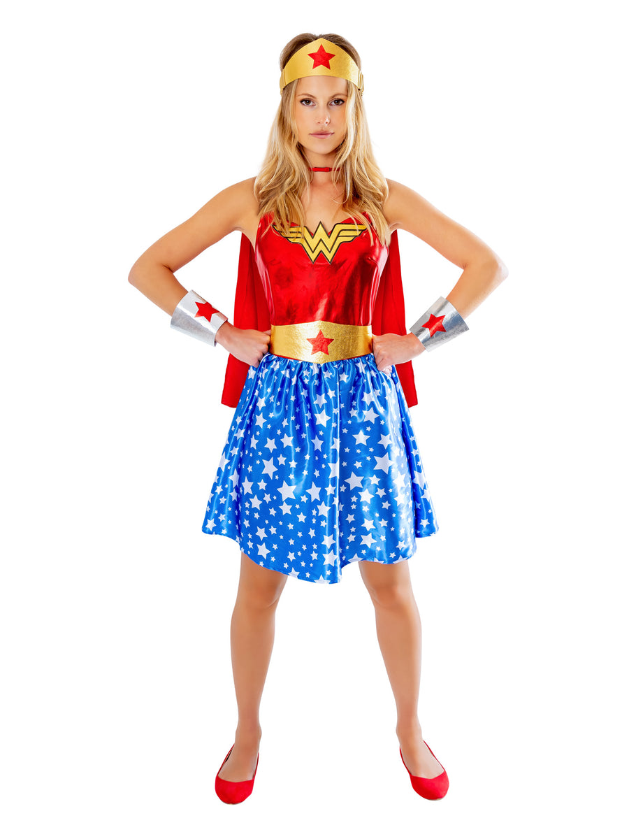 Rubies Wonder Woman Kostüm für Damen mit Kleid, Umhang, Stirnband und Armstulpen – Produktansicht