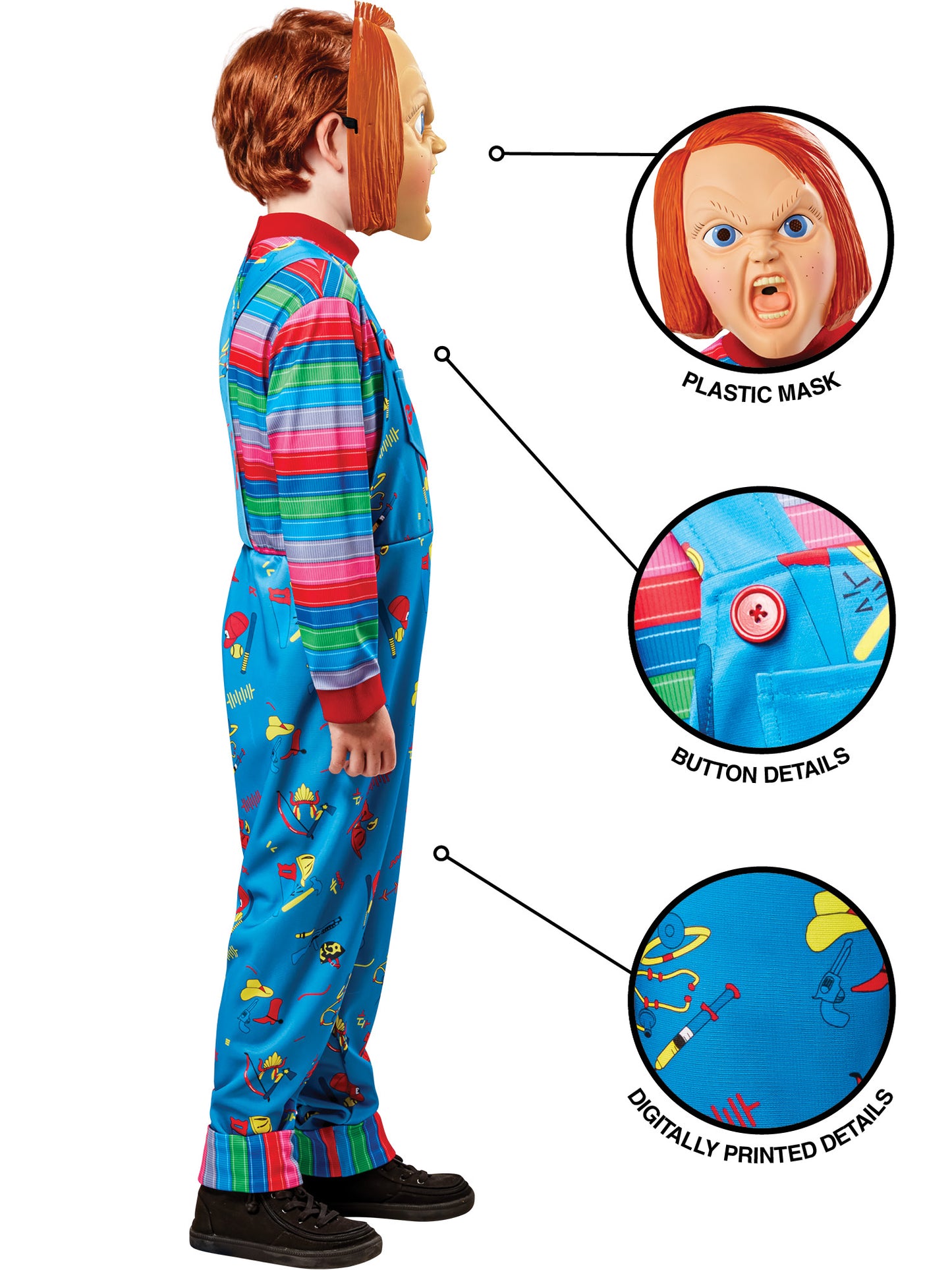 Rubies Chucky Kinderkostüm aus Child's Play mit Overall und Maske – Seitenansicht