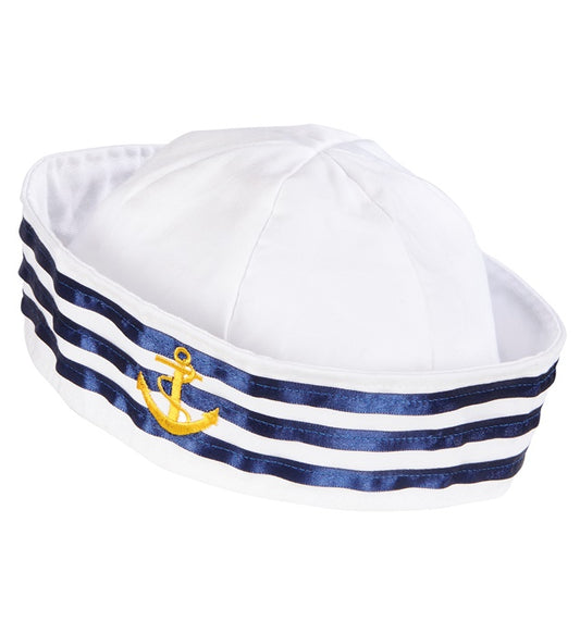 Klassischer weißer Seemanshut mit schwarzem Schirm und maritimem Design
