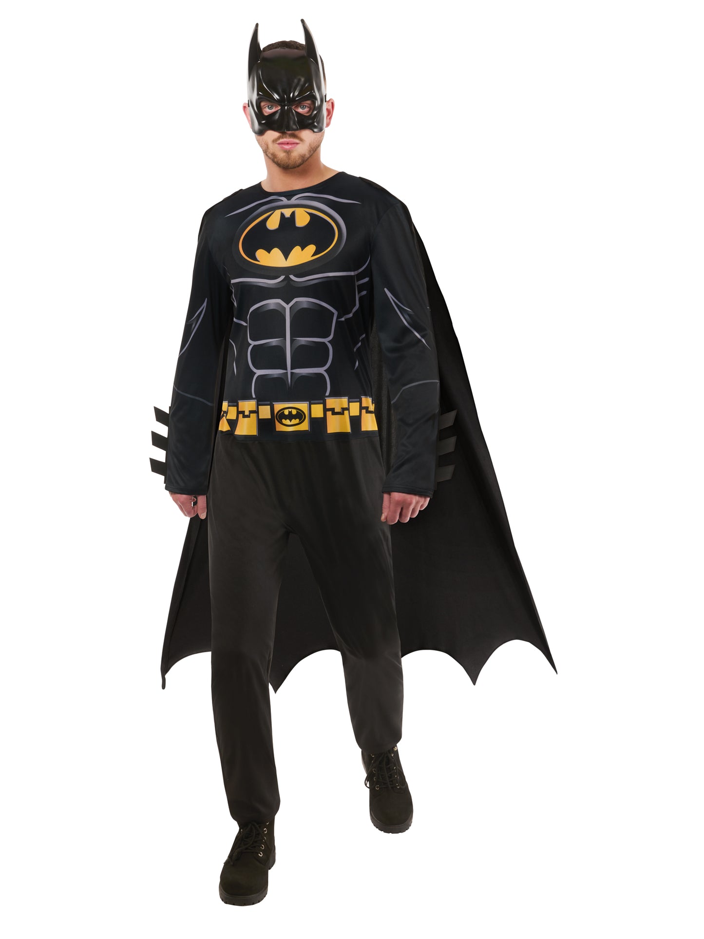 Batman Kostüm für Erwachsene von Rubies mit Overall, Umhang und Maske – Produktansicht