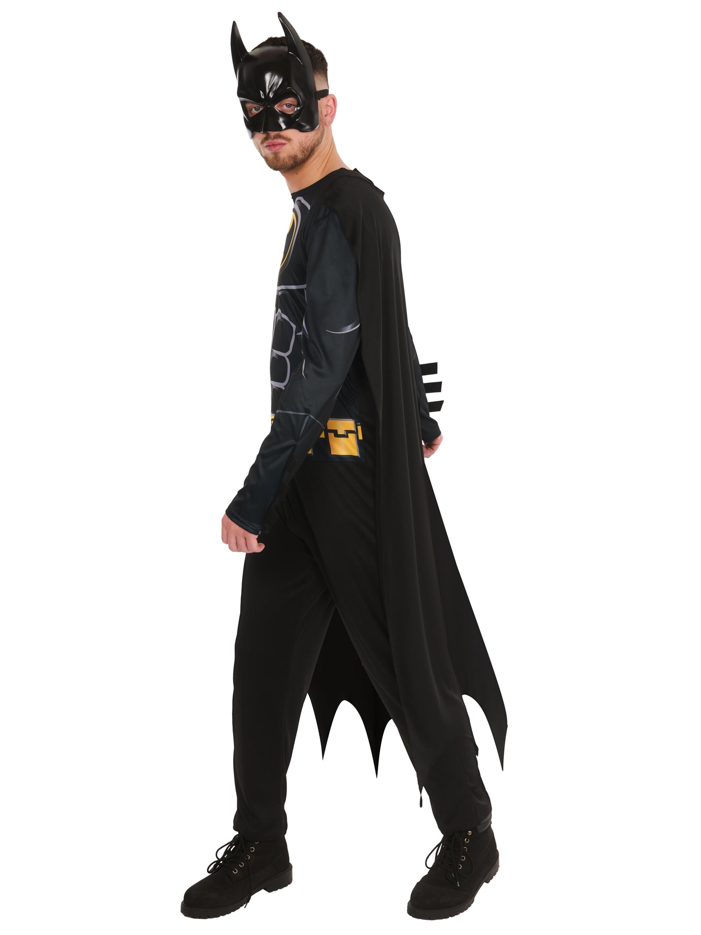 Batman Kostüm für Erwachsene von Rubies mit Overall, Umhang und Maske – Seitenansicht