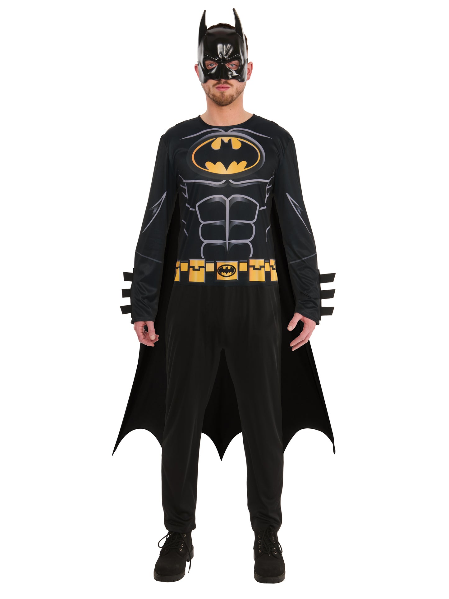 Batman Kostüm für Erwachsene von Rubies mit Overall, Umhang und Maske – Rückansicht