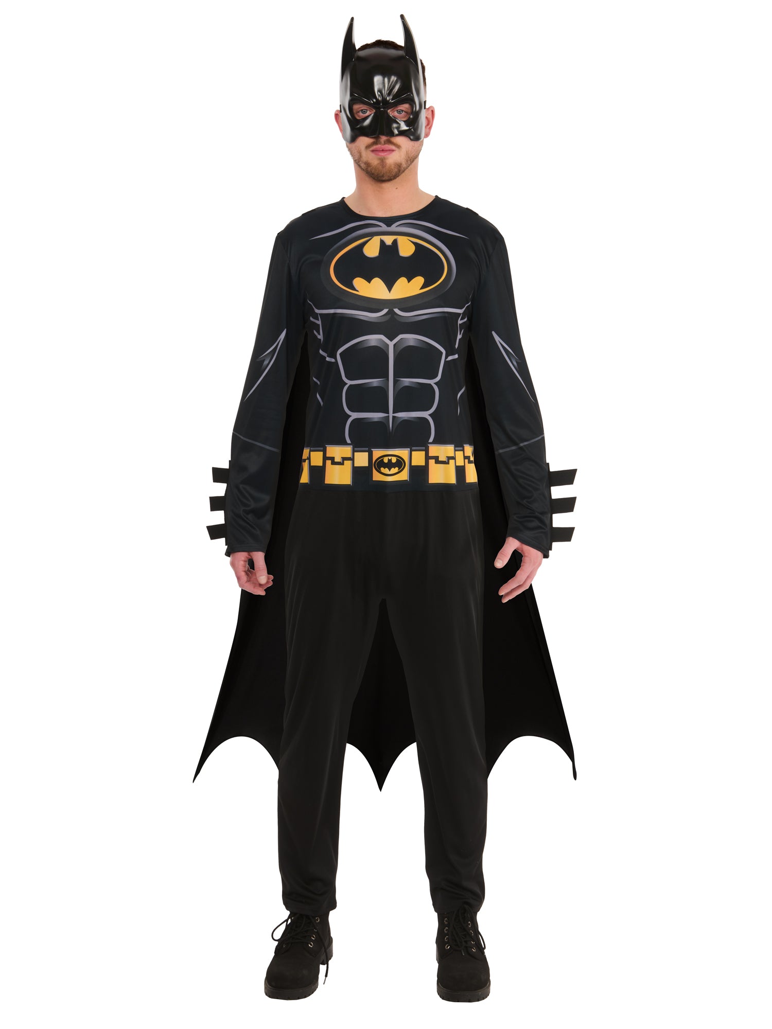 Batman Kostüm für Erwachsene von Rubies mit Overall, Umhang und Maske – Rückansicht