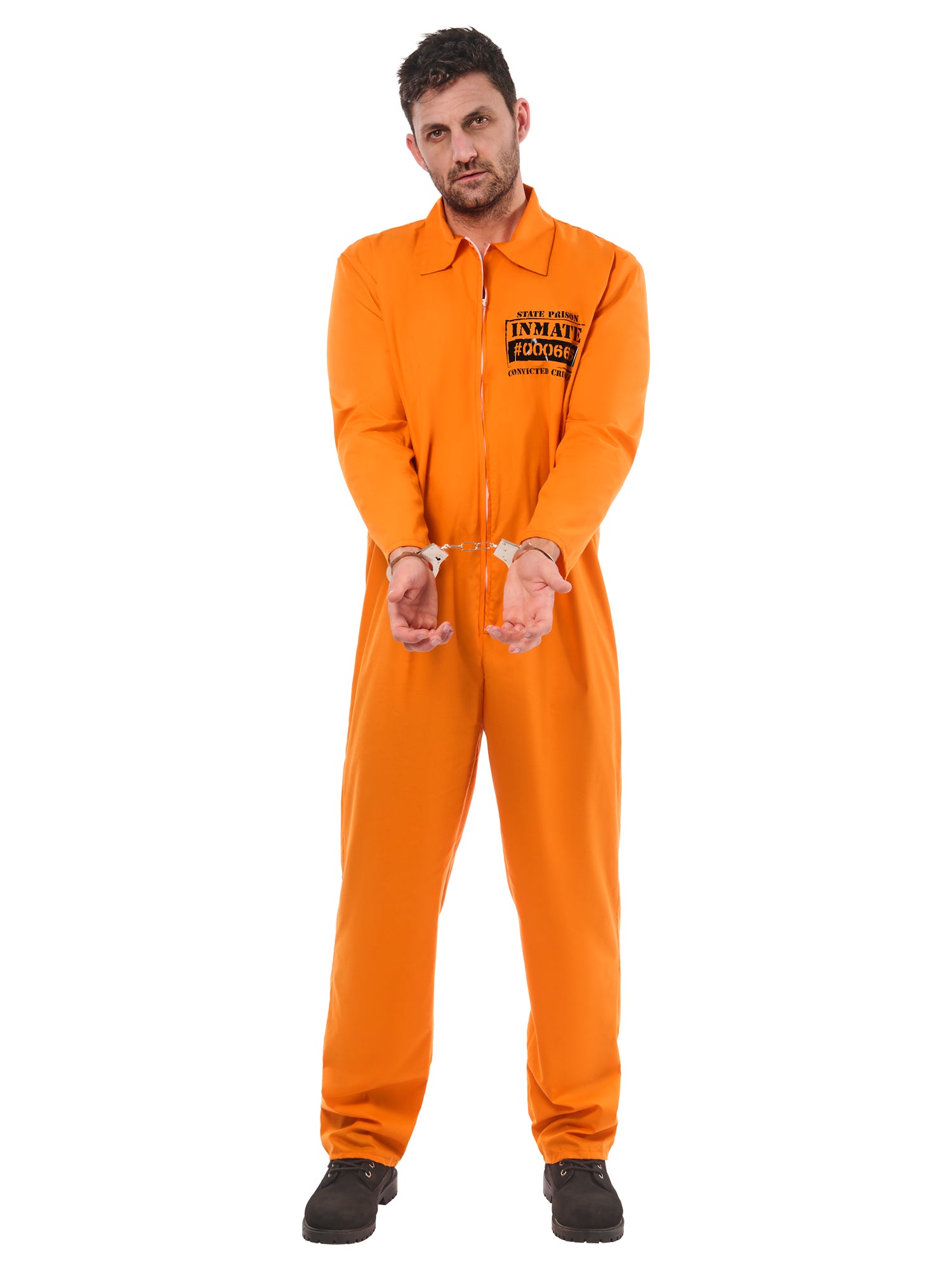 Rubies oranges Convict Boiler-Suit-Kostüm für Erwachsene mit Handschellen – Produktansicht