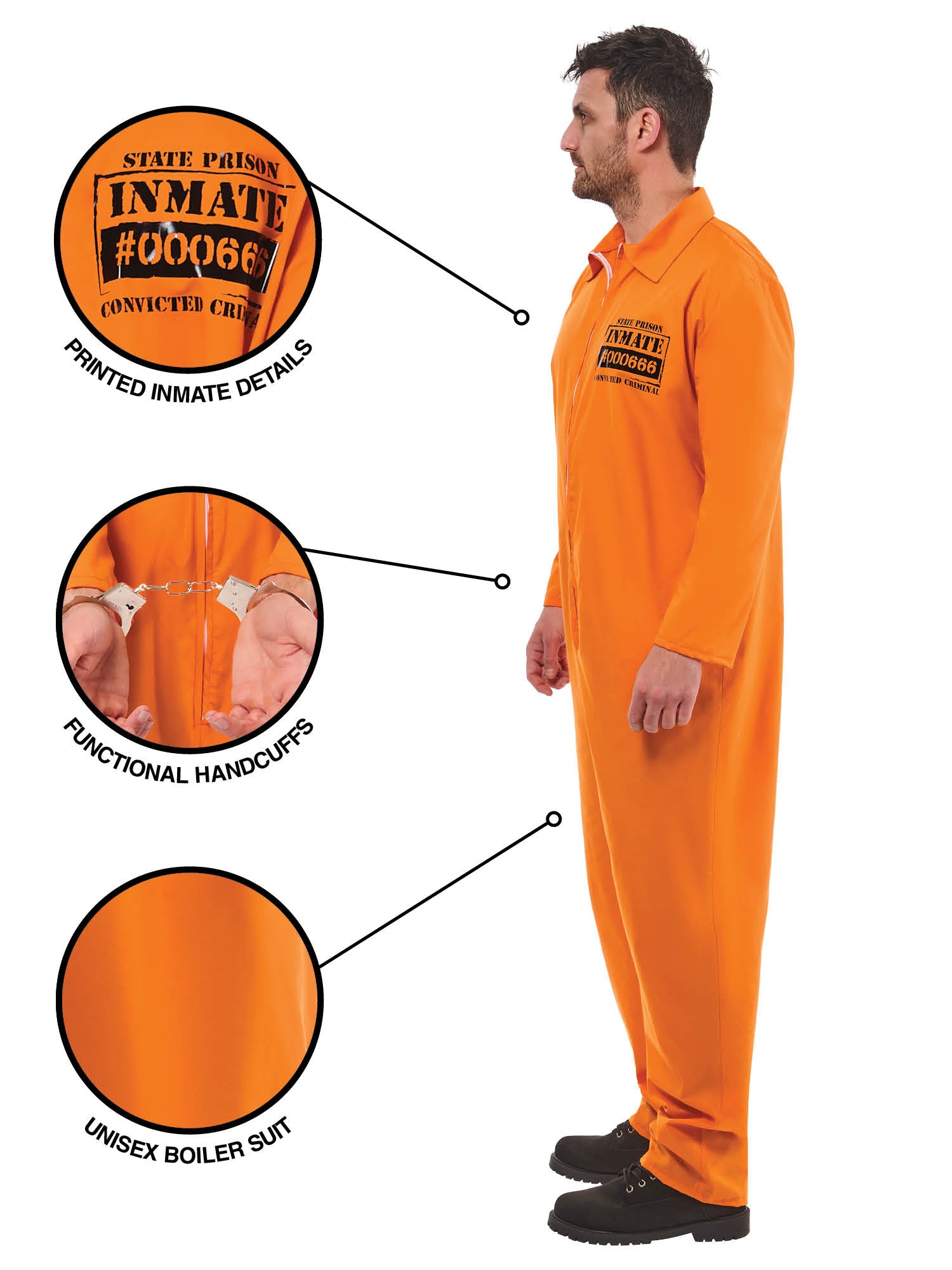 Rubies oranges Convict Boiler-Suit-Kostüm für Erwachsene mit Handschellen – Seitenansicht