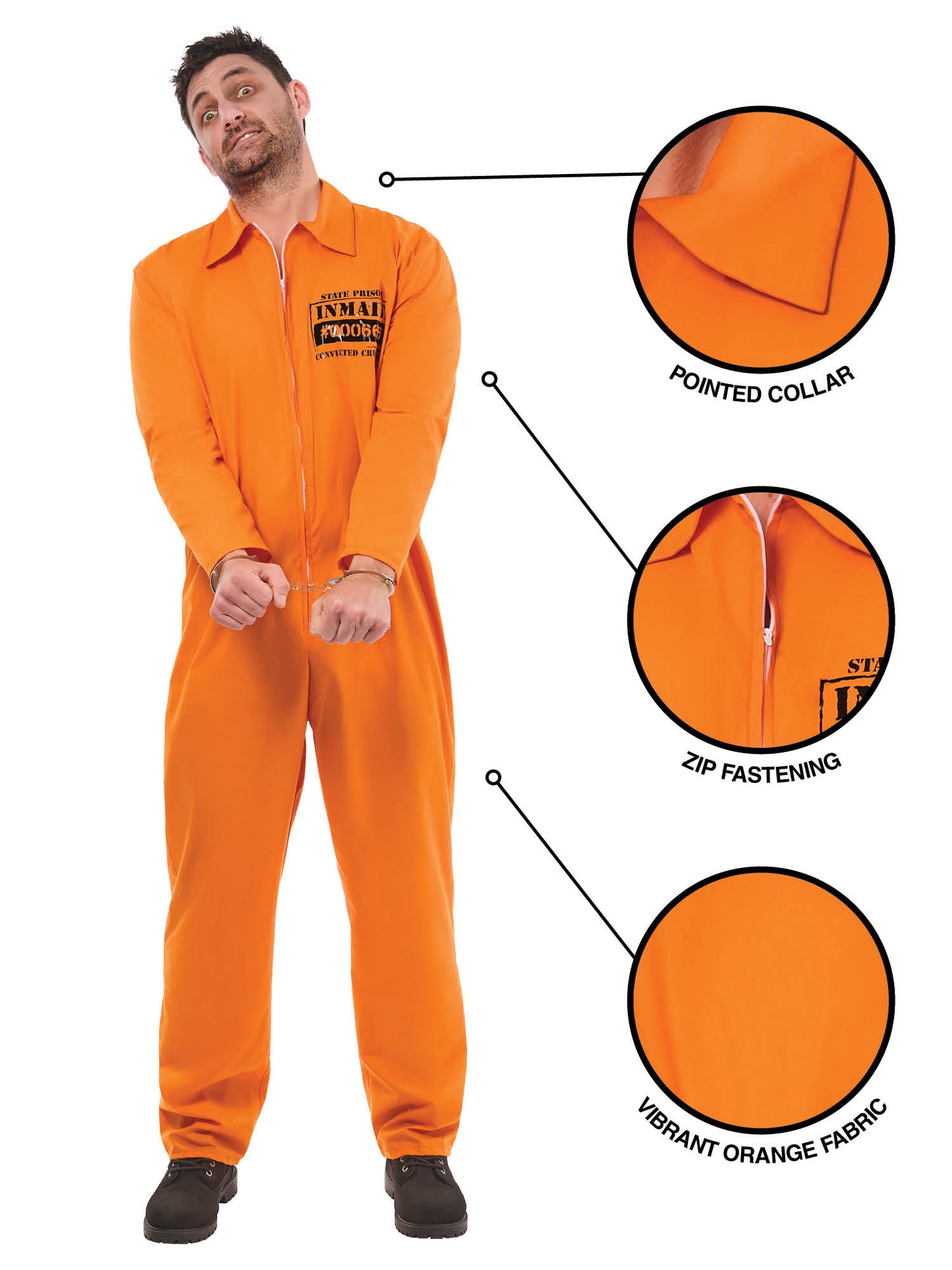 Rubies oranges Convict Boiler-Suit-Kostüm für Erwachsene mit Handschellen – Rückansicht